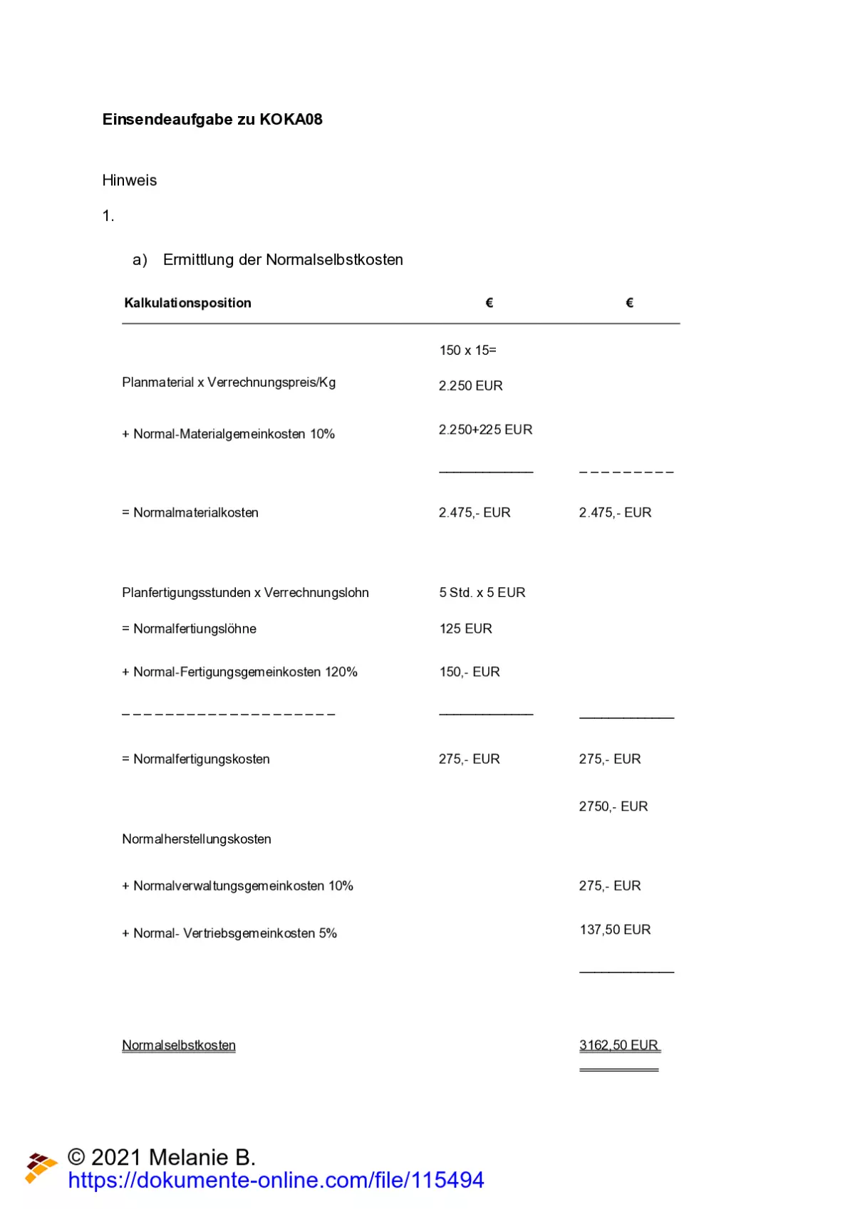 Einsendeaufgabe KOKA08, Kostenrechnung Und Leistungsrechnung Lösung SGD