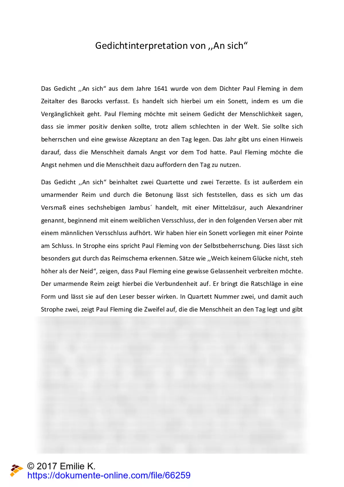 Gedichtinterpretation An sich von Paul Fleming