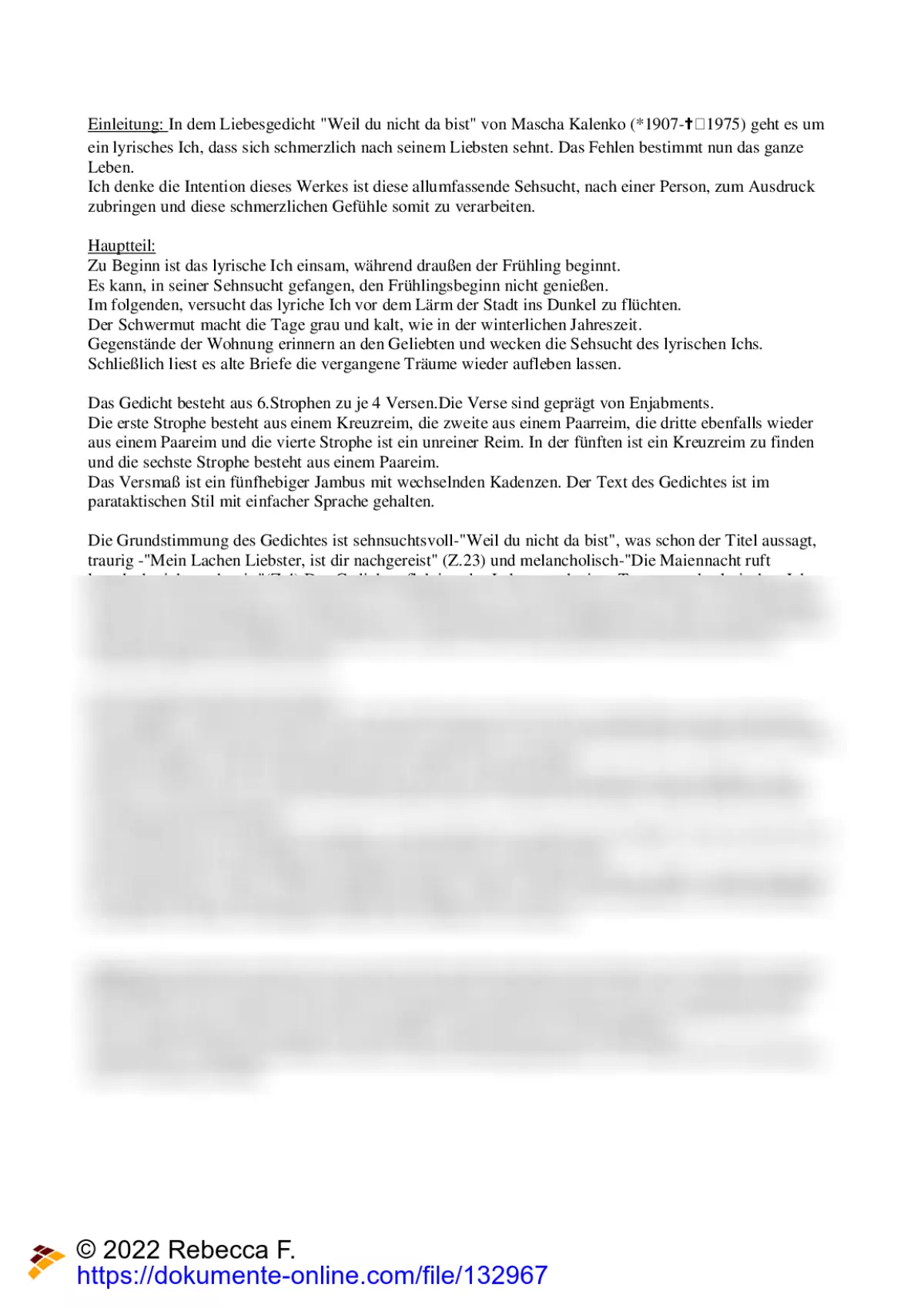Interpretation Mascha Kalenko Weil du nicht da bist