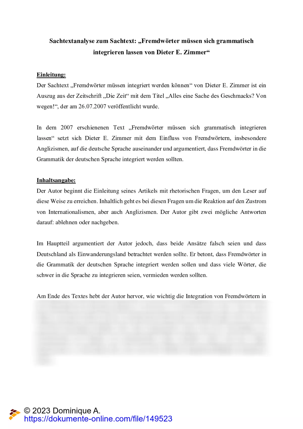 Sachtextanalyse Zu: "Fremdwörter Müssen Sich Grammatisch Integrieren ...