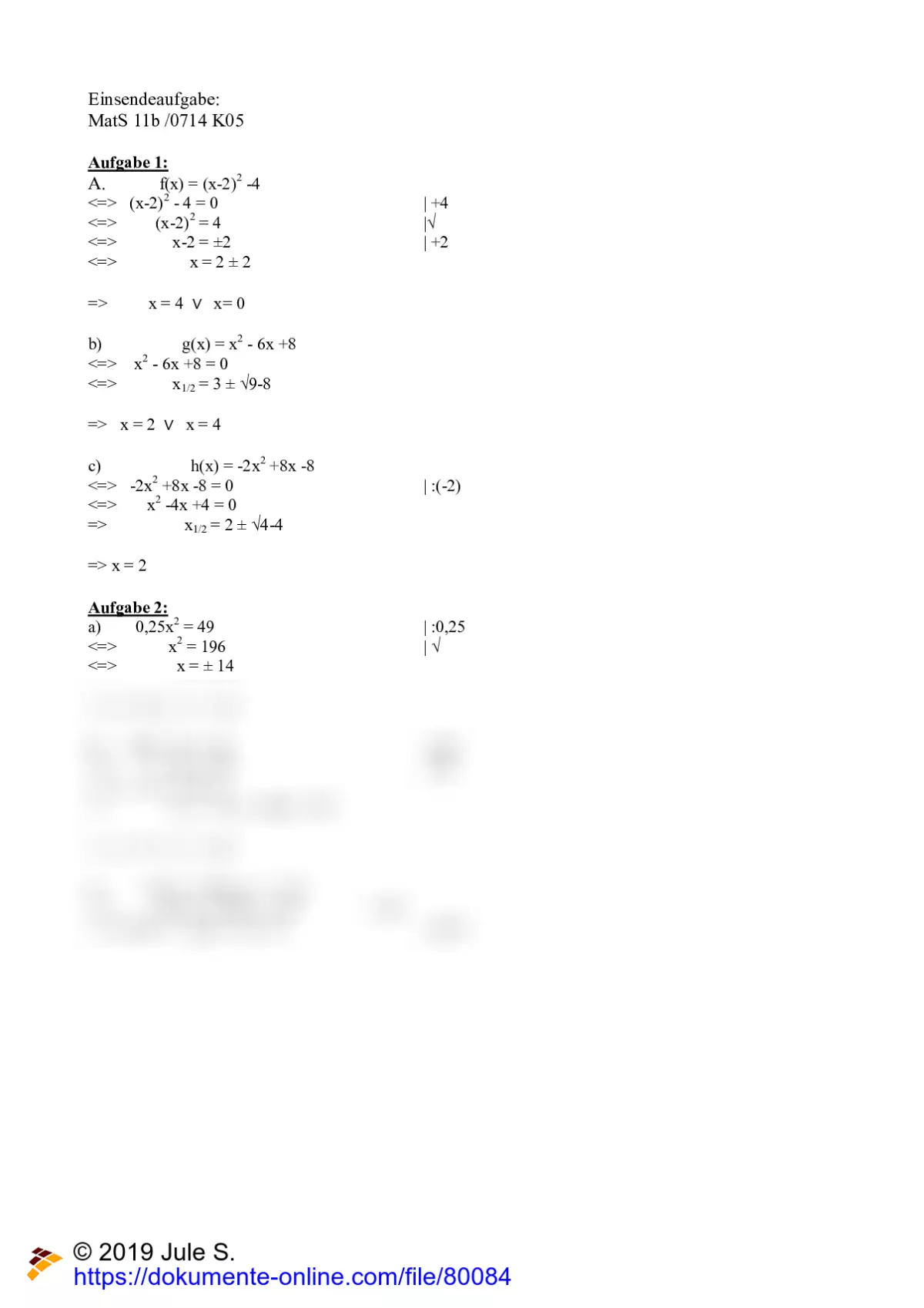 Einsendeaufgabe ILS Mathematik MatS-11b/0714-K05, Note 0,7