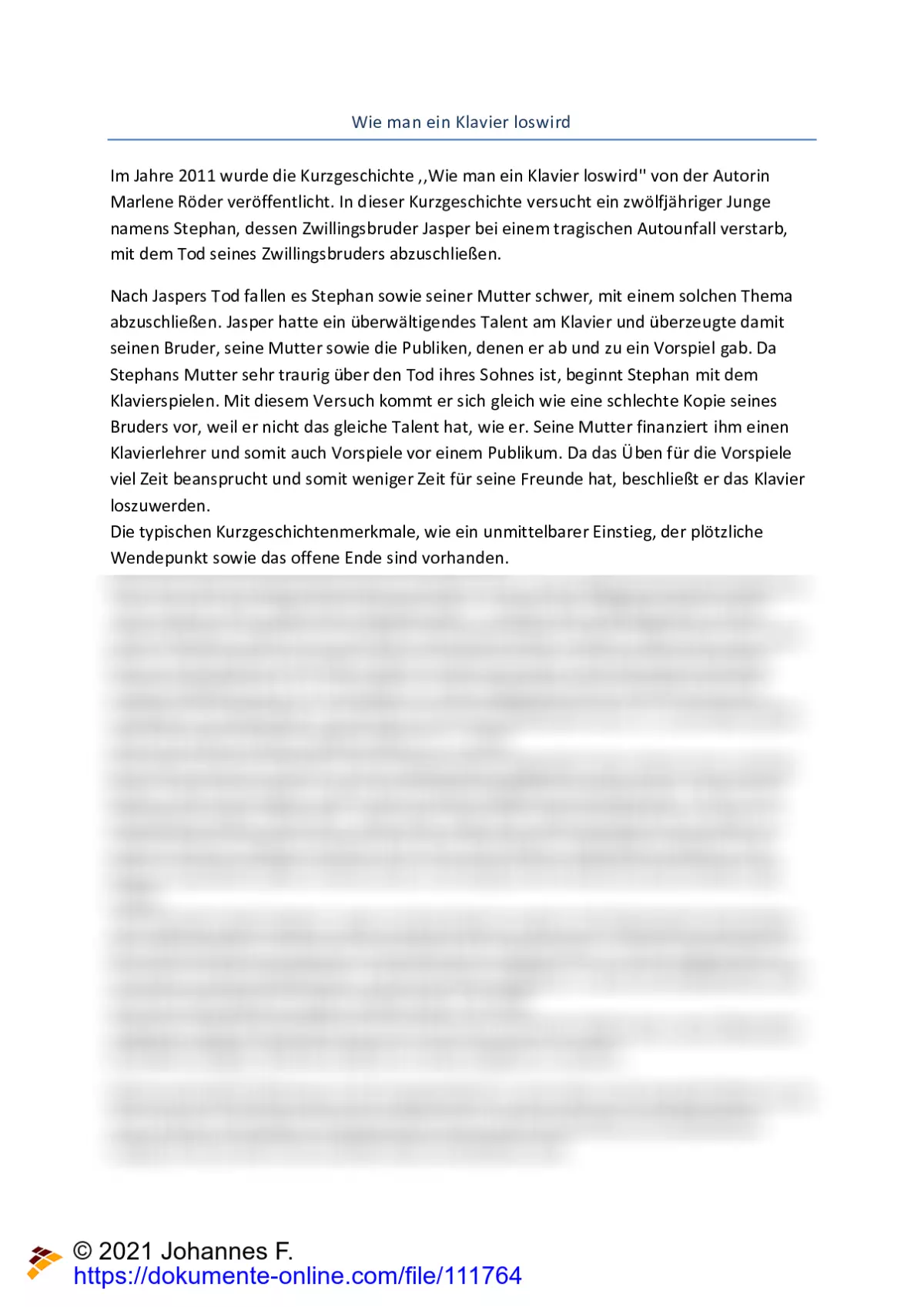 Textanalyse: "Wie man ein Klavier loswird" von Marlene Röder