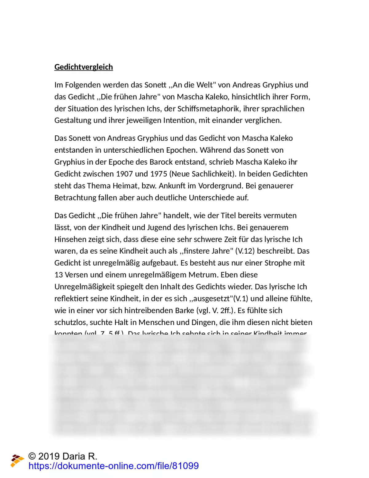 Gedichtvergleich Andreas Gryphius & Mascha Kaleko Analyse