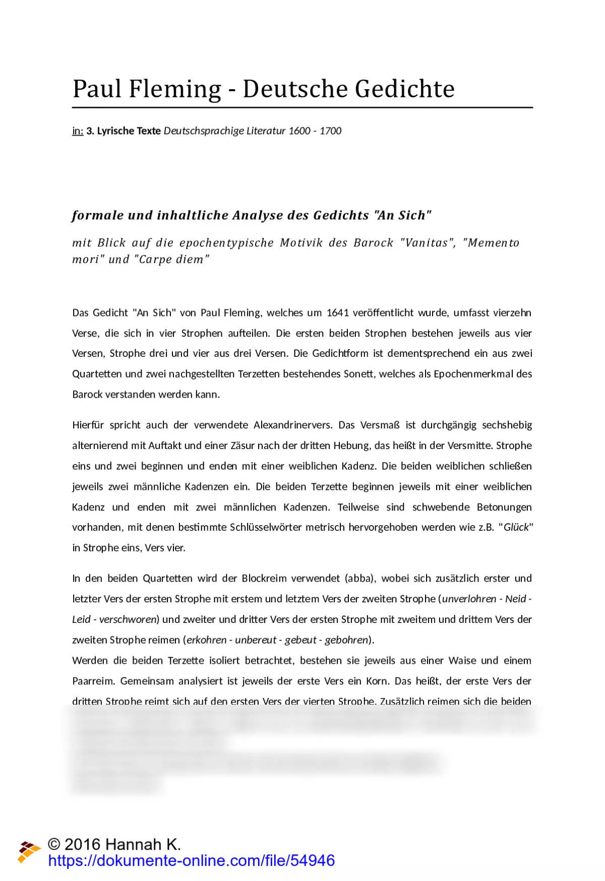 Gedichtanalyse An Sich von Paul Fleming