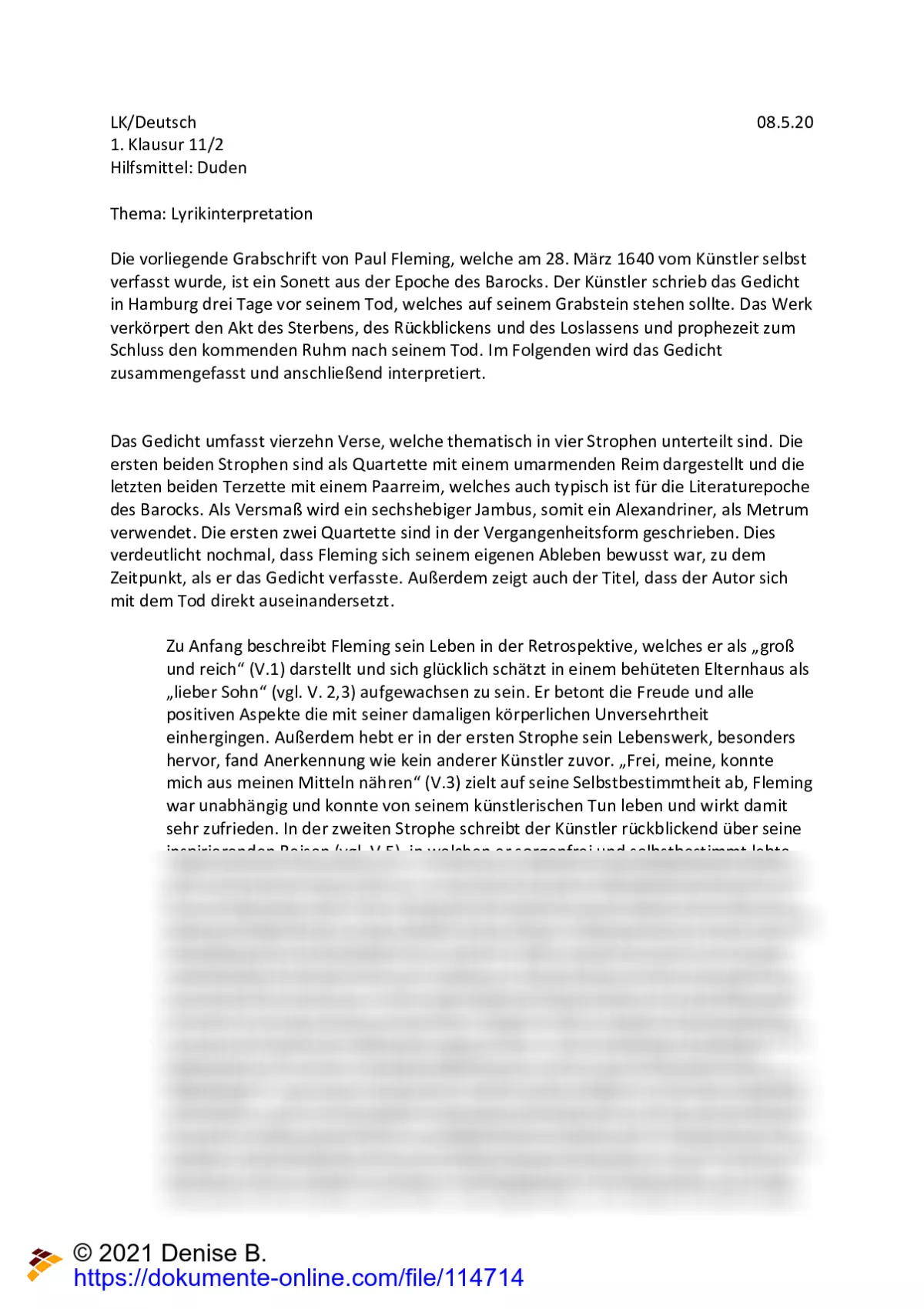 Lyrikinterpretation Paul Flemings 