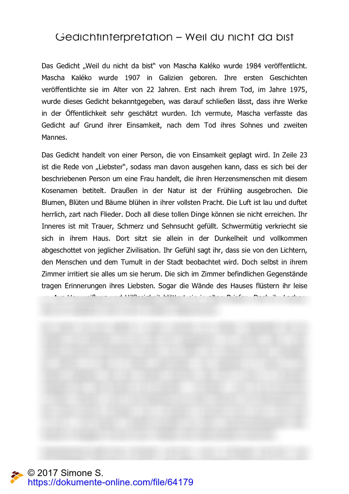 Gedichtinterpretation Weil du nicht da bist von Mascha Kaléko