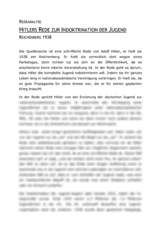 Rede Hitlers zur Indoktrination der Jugend - Redeanalyse